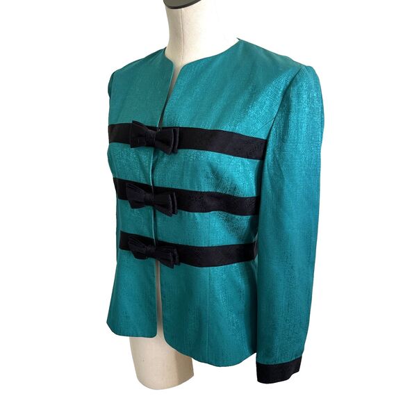 Adrianna Papell Silk Blazer Jacket Green Black Bows 8P - Picture 5 of 13